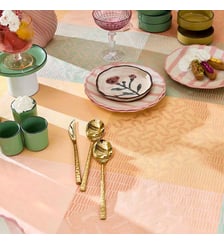 Set pur coton enduit 205 g/m² motif jacquard jaune rose Mille empreintes pastel Garnier Thiebaut