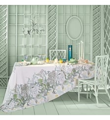 Nappe lin & coton lavé 150 g/m² imprimé blanc bleu vert Balade marine verde Garnier Thiebaut