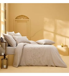 Housse de couette percale de coton lavé brodé beige Monnaie du pape naturel Garnier Thiebaut