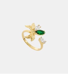 Bague ajustable dorée fleur d'orchidée et pierres blanches et verte Les Néréides