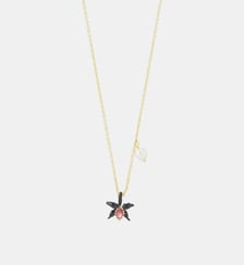 Collier fin pendentif orchidée noire, cristal facetté rose et perle de culture. Les Néréides