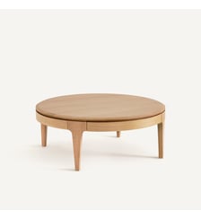 Table basse ronde, en chêne massif et plaqué, 2 tiroirs AM.PM