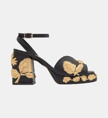 Sandales à talon bloc en cuir brodées de fleurs en raphia VASILIA Castaner