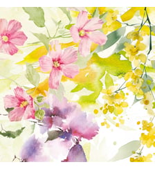 Serviette lin & coton lavé 150 g/m² imprimé rose jaune vert Souffle fleuri printemps Garnier Thiebaut