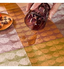 Nappe pur coton enduit motif jacquard vert orange Mille halos prunus Garnier Thiebaut