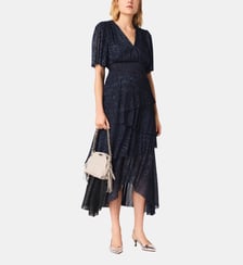 Robe mi-longue à volants métalisée Maje