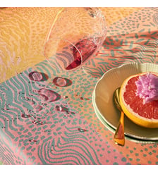 Nappe pur coton enduit motif jacquard bleu jaune orange Mille vagues exotique Garnier Thiebaut