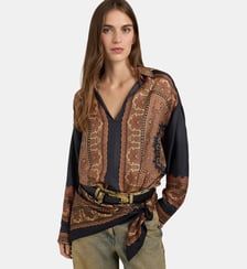 EIKI BLOUSE IN PLACED-PRINT SILK TWILL - BLACK MULTICOLOR Momonì