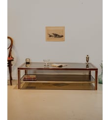 Table basse en laiton doré et verre fumé Donna N°924- Produit chiné Debongout