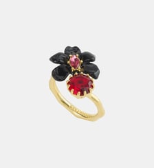 Bague ajustable orchidée noire, cristal rose et pierre facettée rouge Les Néréides