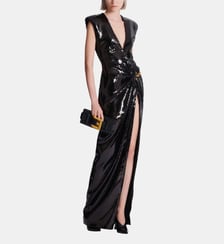 Robe longue drapée à sequins avec détail bijou Balmain