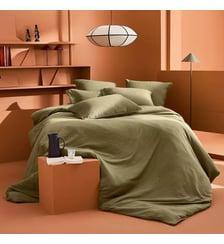 Housse de couette gaze de coton lavé uni vert Malia kaki Garnier Thiebaut