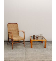 Table basse en pin massif et verre fumé Léonie N°1009- Produit chiné Debongout