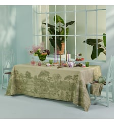 Nappe pur coton antitache motif jacquard vert Jardin spirituel olive Garnier Thiebaut