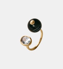 Bague ouverte plaquée or jaune 18 carats avec finition brossée, agate noire, topaze et motif sphérique Aristocrazy