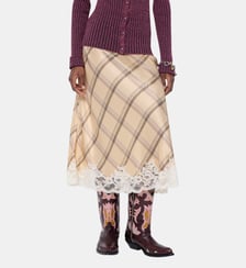 Jupe en satin de soie imprimé tartan avec finition en dentelle Rabanne