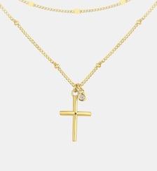 Collier double chaînes La Croix en Plaqué Or avec diamant blanc La Garçonne Diamant