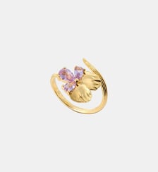 Bague ajustable dorée fleur de pensée et pierres roses Les Néréides