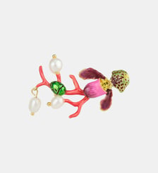 Broche orchidée violette, corail rouge, cétoine verte et perles de culture Les Néréides