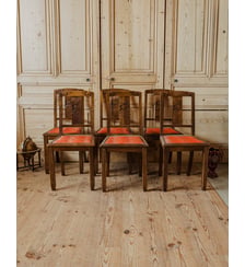 Lot de 6 chaises en bois et velours rouge Claude N°1352- Produit chiné Debongout