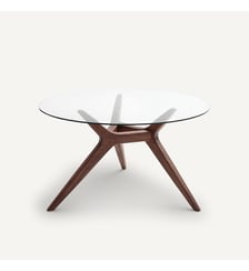 Table ronde diamètre 130 cm, en verre et noyer massif, 6 couverts AM.PM