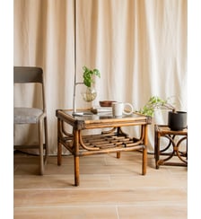 Table basse en rotin et verre fumé Léonie N°1090- Produit chiné Debongout