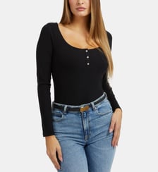 Top slim côtelé manches longues boutons strass Guess