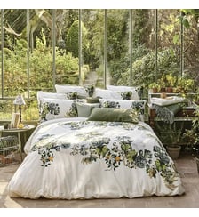 Housse de couette percale de coton lavé imprimé vert ecru Giardino naturel Garnier Thiebaut
