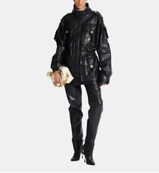Parka en cuir d'agneau surpiqué motif Diamond Balmain