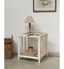 Table d'appoint en verre et rotin blanc Francine N°1683 - Produit chiné Debongout