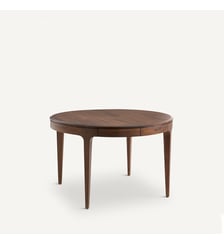 Table ronde extensible, en noyer et plaqué noyer, 4 à 8 couverts AM.PM