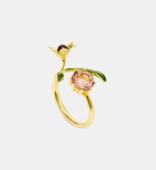 Bague ajustable fleur dorée, perle et pierre ronde rose Les Néréides