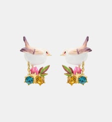 Boucles d'oreilles tiges plectrophane des neiges, bouton de rose et cristaux Les Néréides