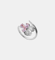 Bague ajustable argentée fleur de pensée et pierres roses Les Néréides