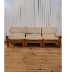 Canapé en bois et tissu beige Jacques N°139- Produit chiné Debongout
