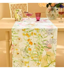 Chemin de table lin & coton lavé 150 g/m² imprimé vert rose Rosee du matin printemps Garnier Thiebaut