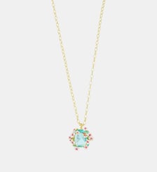 Collier pendentif pierre carrée facettée bleue, aubépines blanches et roses et papillon Les Néréides