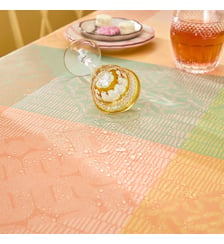 Nappe pur coton enduit 205 g/m² motif jacquard rose jaune Mille empreintes pastel Garnier Thiebaut