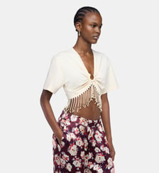 Crop top en coton avec détails de franges perlées Rabanne