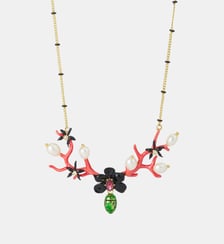 Collier plastron orchidée noire, corail rouge et perles de culture Les Néréides