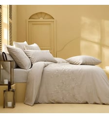 Housse de couette percale de coton lavé brodé beige Monnaie du pape naturel Garnier Thiebaut