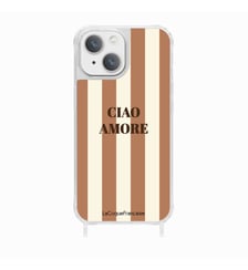 Coque de téléphone glossy ciao amore marron avec anneaux pour iPhone 15 La Coque Française