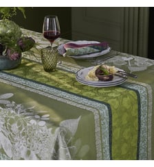 Nappe pur coton enduit motif jacquard vert Mille botanique mousse Garnier Thiebaut