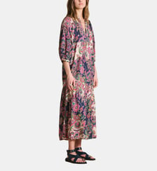 Robe longue à volant imprimé multicolore manches 3/4 La Fée Maraboutée
