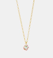 Collier pendentif pierre ronde facettée bleue et aubépines blanches et roses Les Néréides