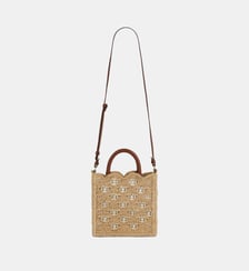 Petit sac tote en raphia naturel avec disques 1969 signature Rabanne