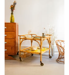 Desserte mobile en rotin et verre Henriette N°187- Produit chiné Debongout