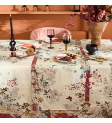 Chemin de table lin & coton lavé 150 g/m² imprimé beige bordeaux Vintage flowers cranberry Garnier Thiebaut
