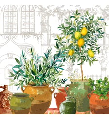 Serviette lin & coton lavé 190 g/m² imprimé vert marron Jardin provencal olive Garnier Thiebaut