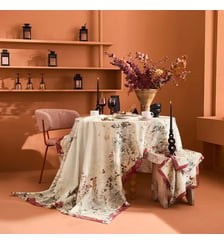 Nappe lin & coton lavé 150 g/m² imprimé beige bordeaux Vintage flowers cranberry Garnier Thiebaut